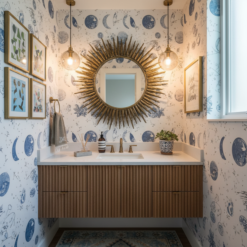 Artwork, accessories, and a unique mirror add personality.