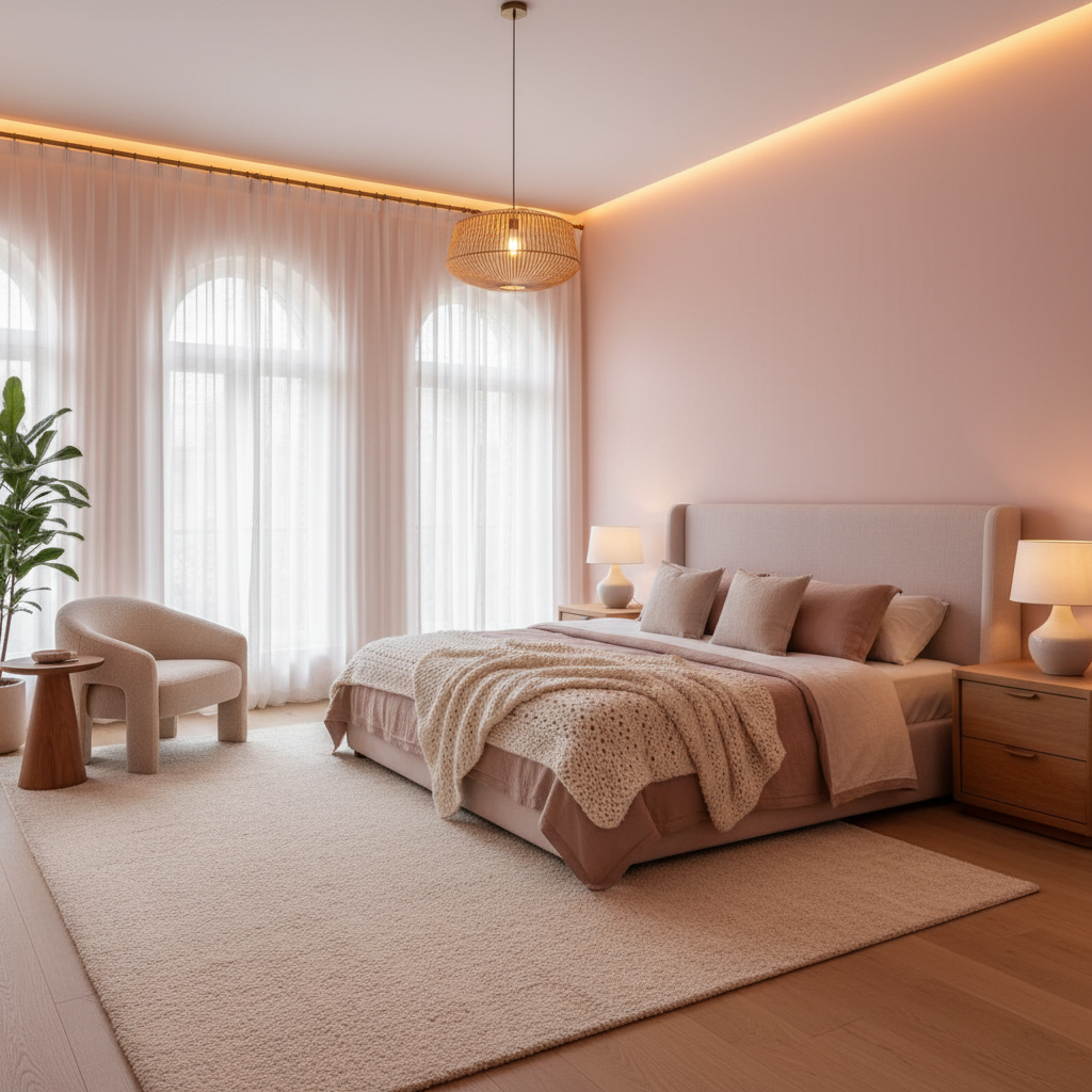 Bedroom with blush pink walls and large windows with sheer curtains.