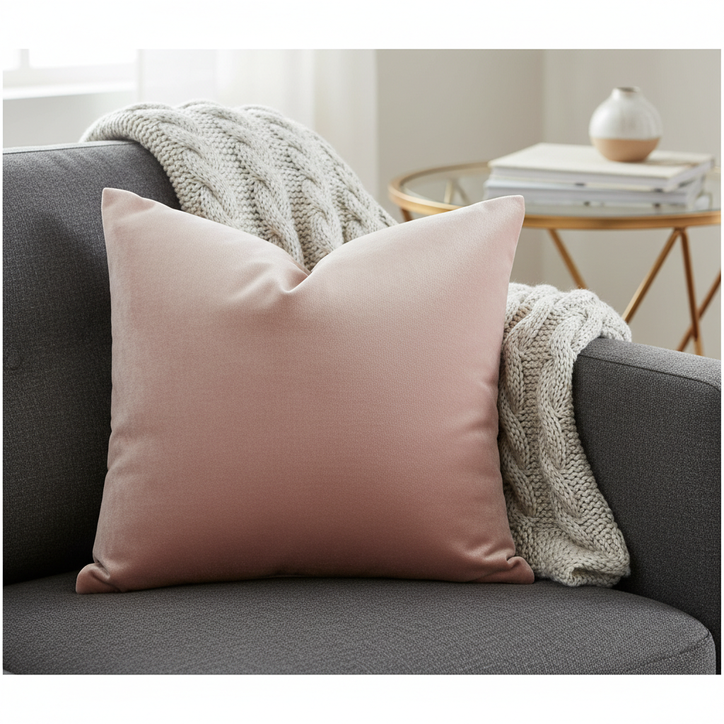 A blush pink velvet pillow on a linen sofa, with a textured throw blanket.