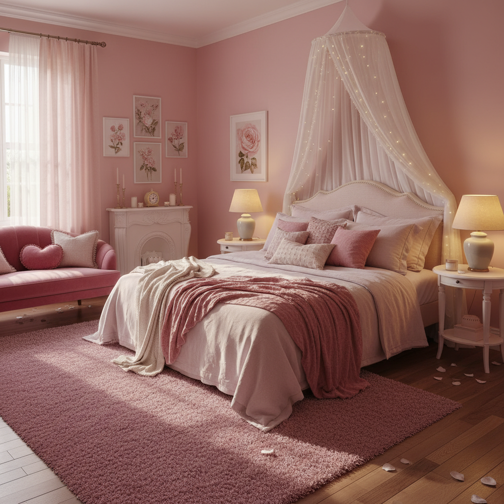 A cozy pink bedroom with soft bedding and romantic decor.