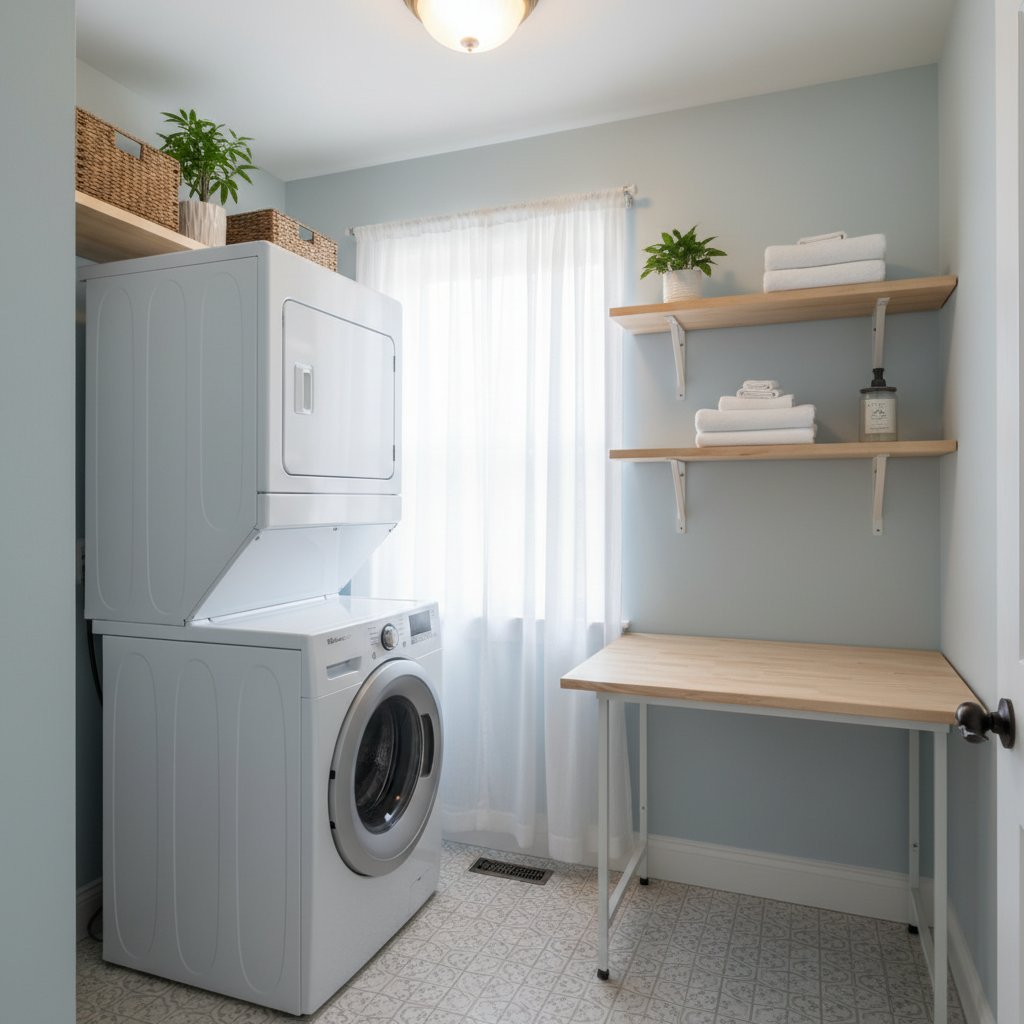 Maximized space in a small laundry room with stacked washer and dryer.