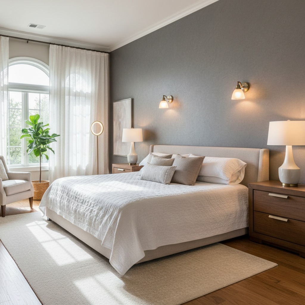 A bedroom with strategic lighting, including lamps and sconces.