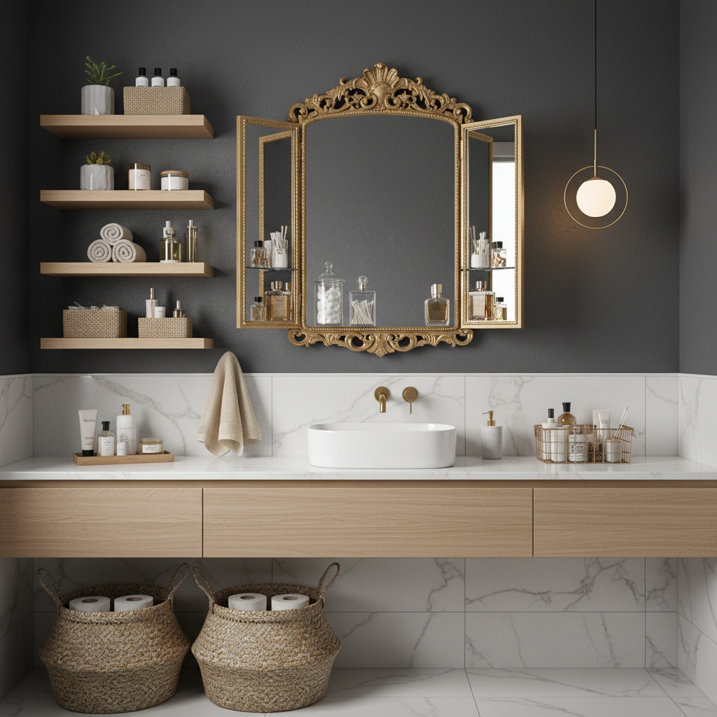 Wall shelves, mirrored cabinet, and baskets provide stylish storage.