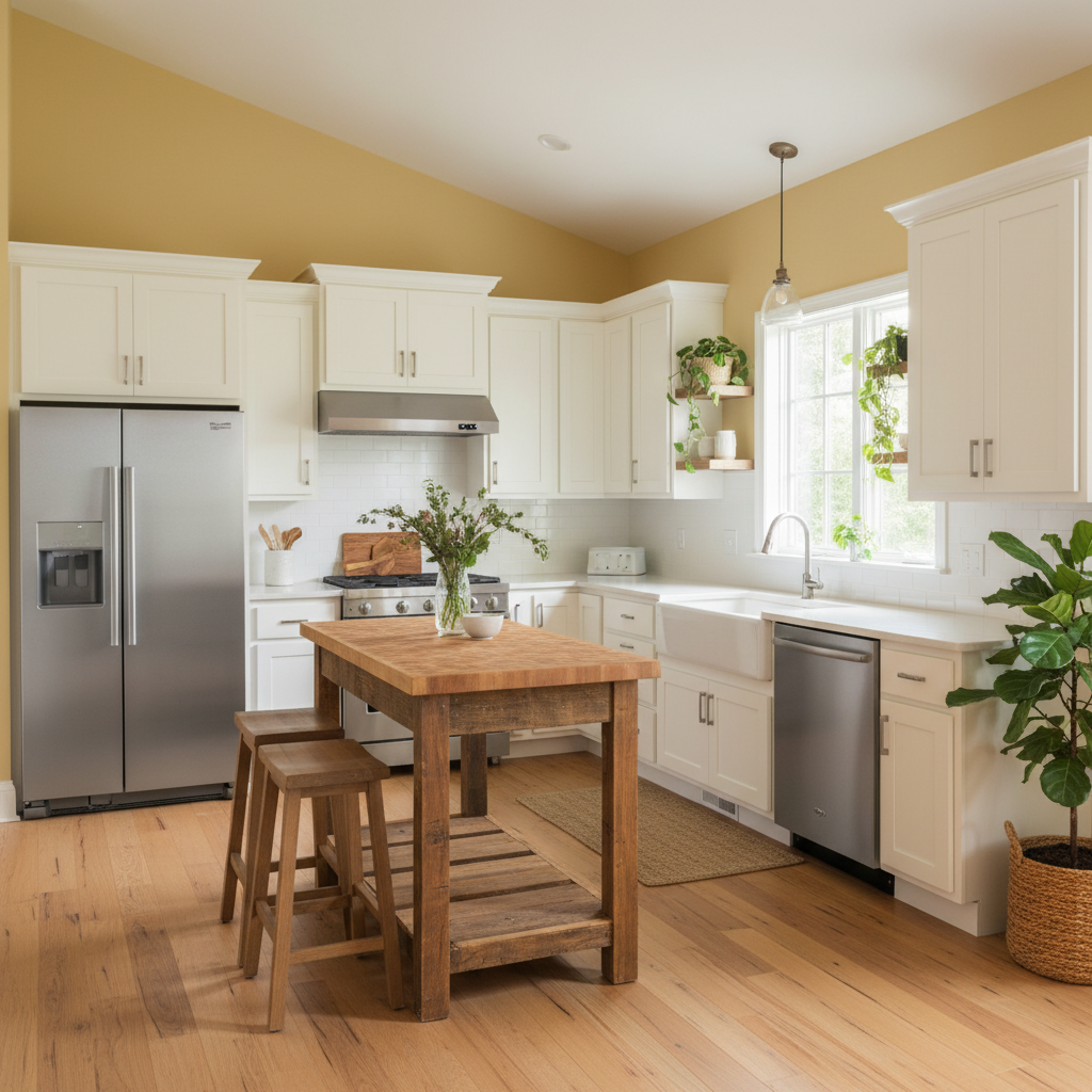 A cheerful kitchen with sunshine yellow walls and white cabinets.