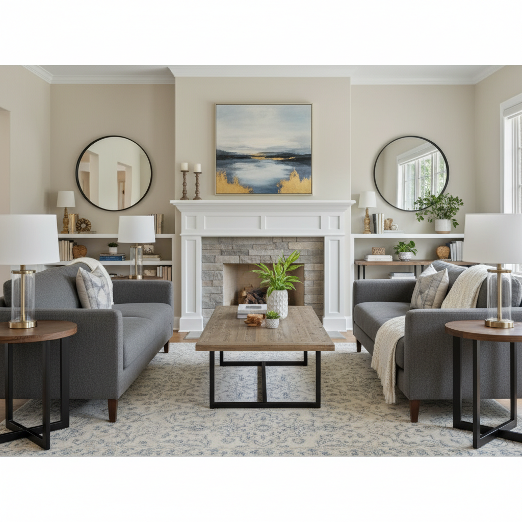 Symmetrical living room layout featuring matching sofas, lamps and a central coffee table.