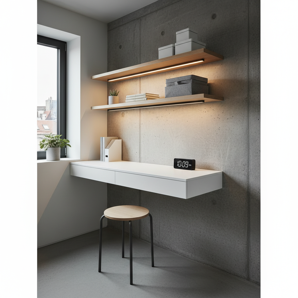 A space-saving urban micro-studio study corner with a wall-mounted desk, floating shelves, and compact seating, optimized for small apartments.