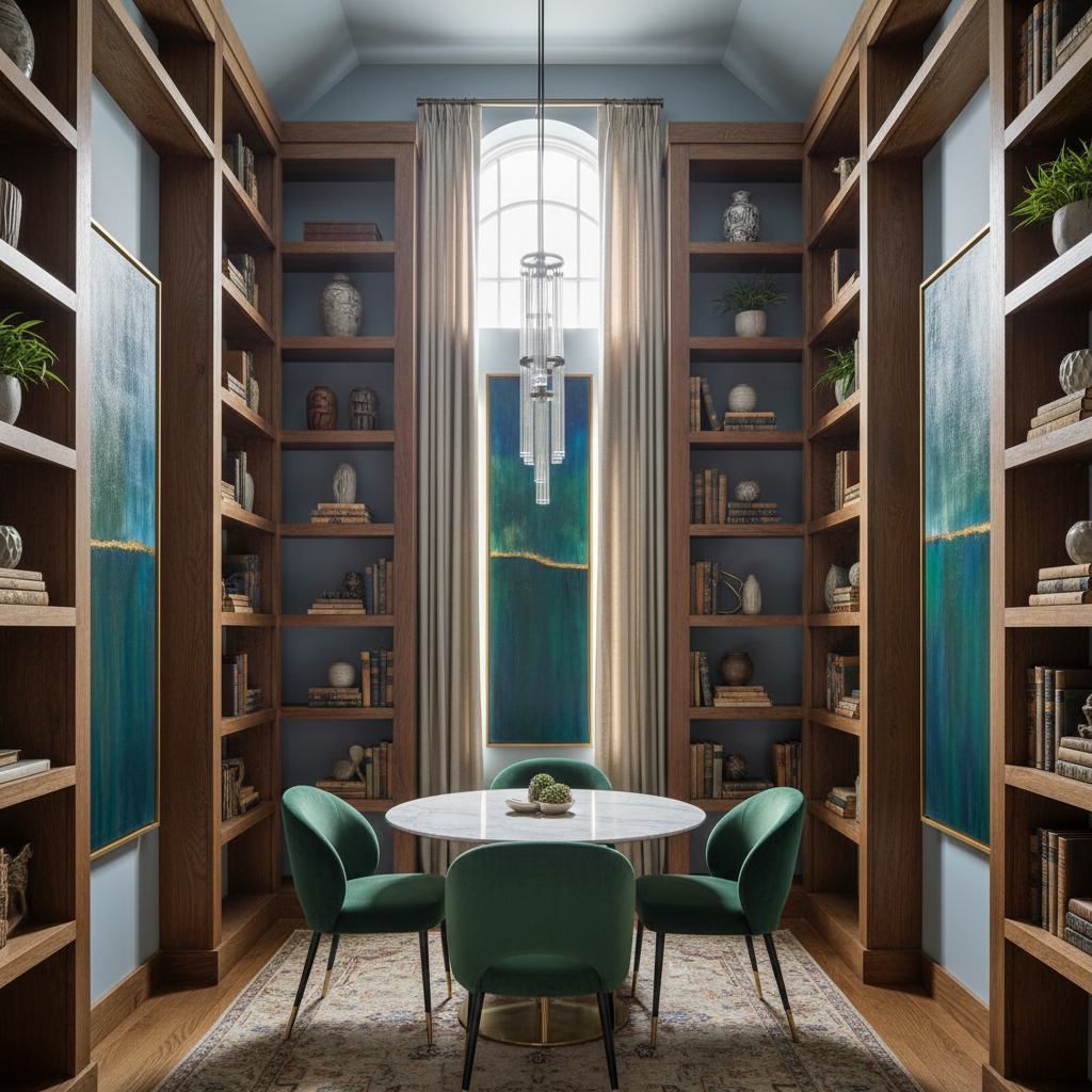 Tall shelving and artwork enhance vertical space