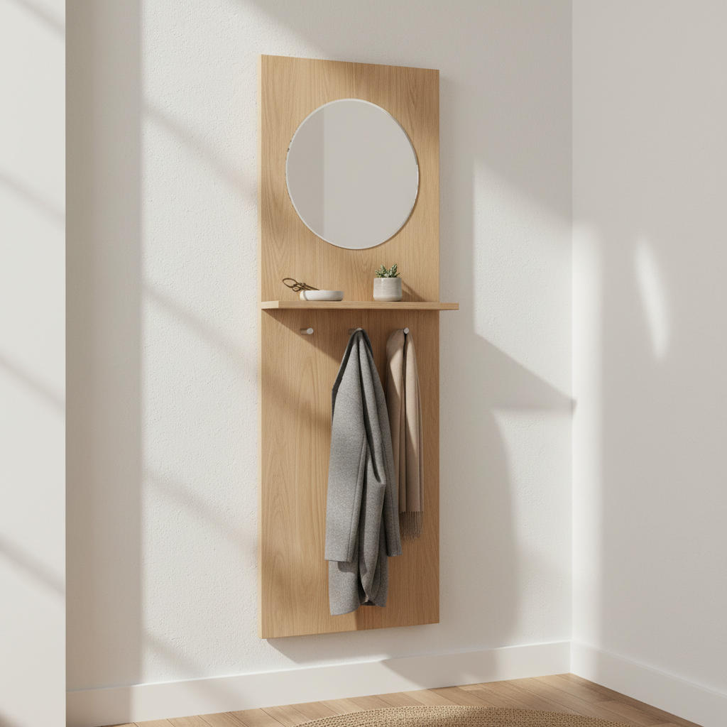 Elegant wall-mounted vertical storage unit with hooks and shelves in a compact entryway.
