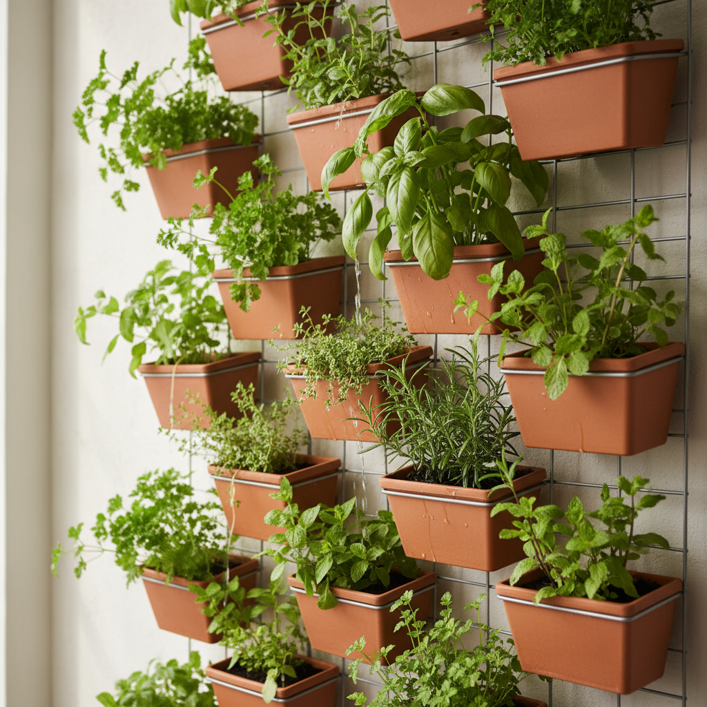Indoor vertical wall garden with herbs and small plants growing in mounted planters