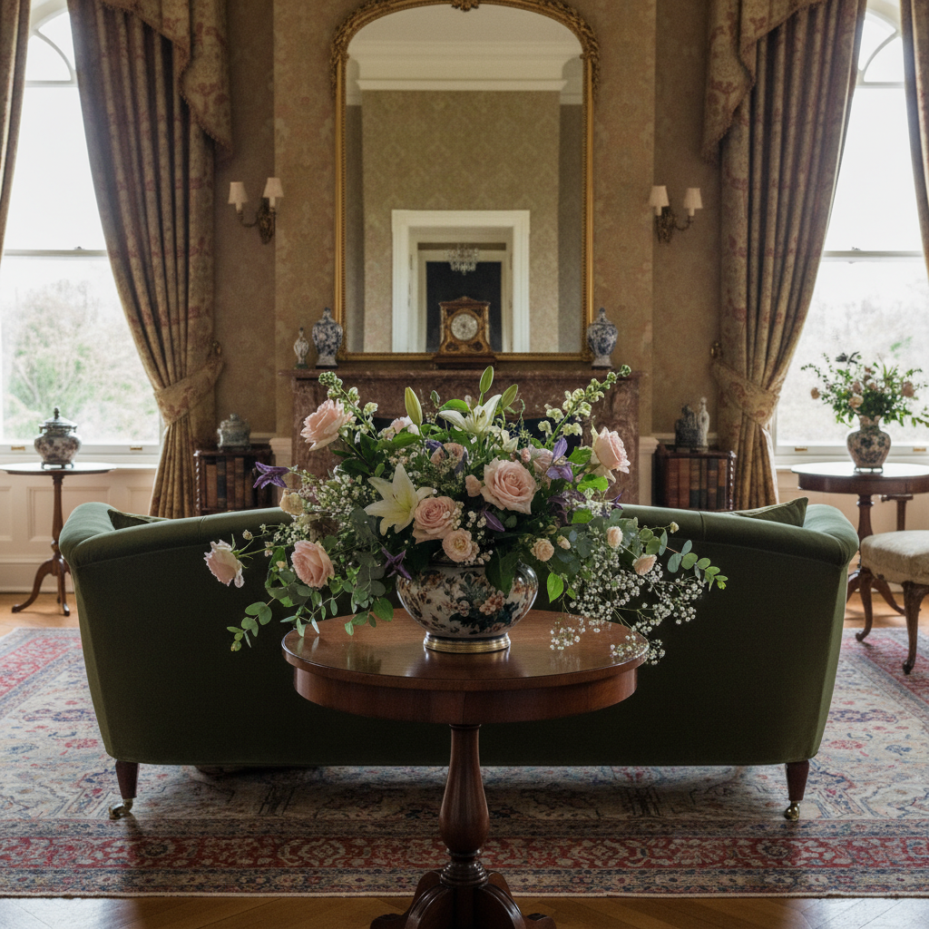 Fresh flower arrangement in ornate vase adding natural beauty to Victorian room