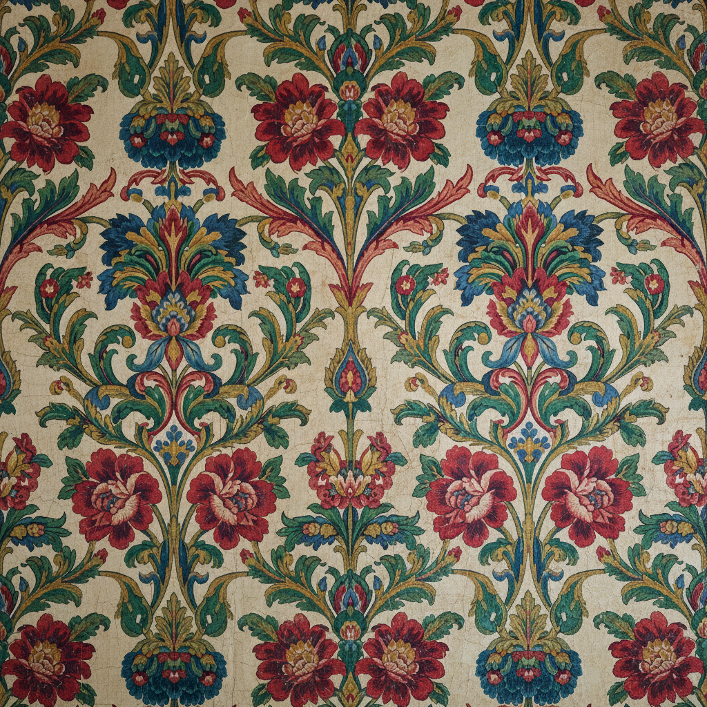 Dense floral wallpaper pattern showing intricate Victorian design details
