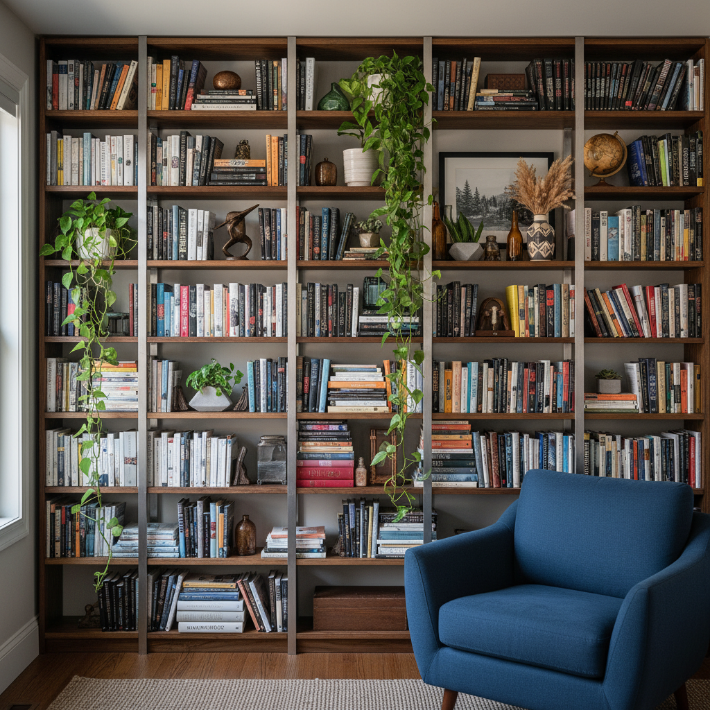 Floor-to-ceiling bookshelves maximizing vertical storage in compact living room