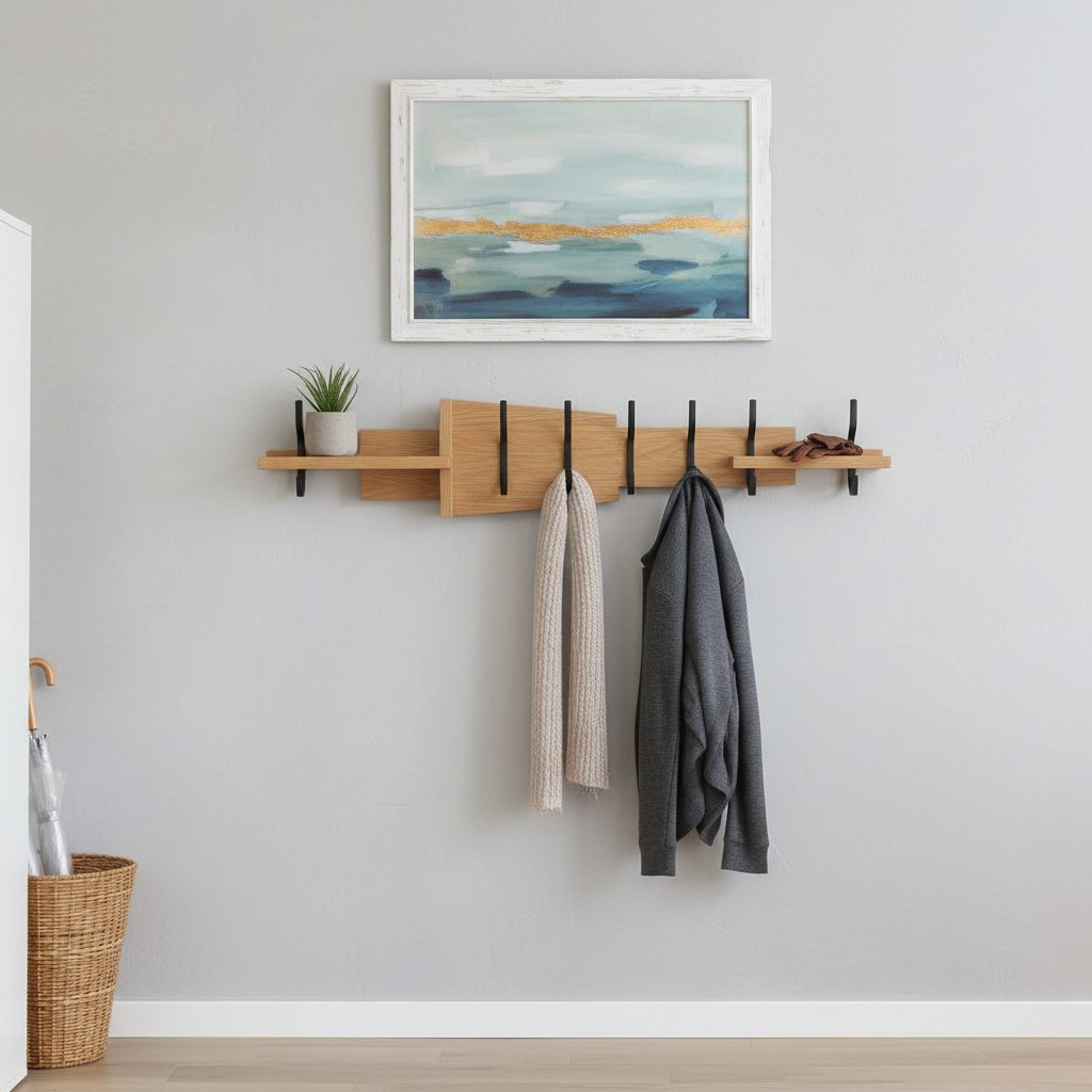 Elegant wall-mounted vertical storage unit with hooks and shelves in a compact entryway.