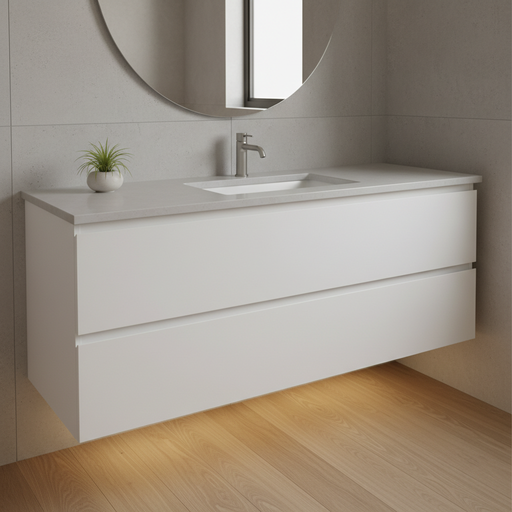 Wall-mounted vanity with storage drawers maximizes space.