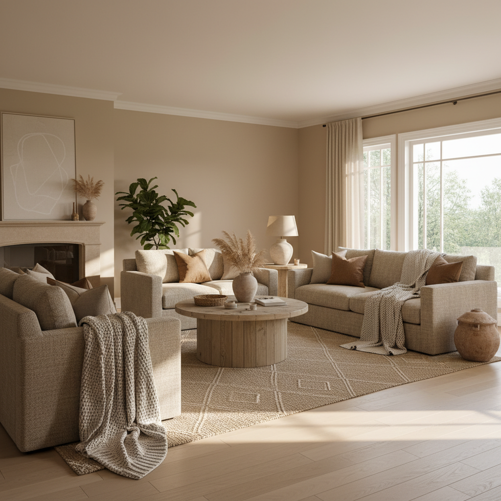 A warm living room with beige walls, comfortable furniture, and sunlight.
