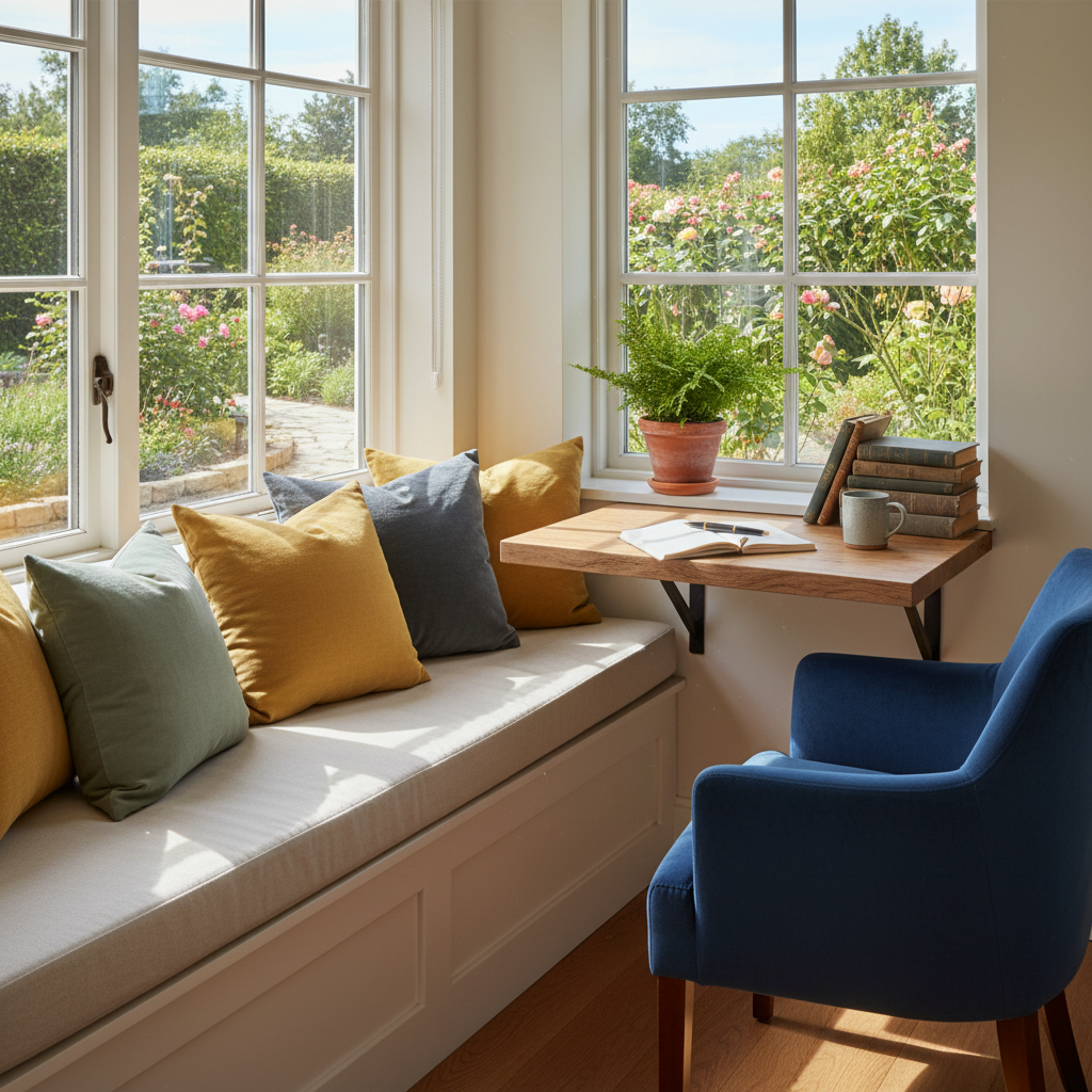 A sunlit window nook with a built-in bench, floating desk, and lush plants, creating an airy and inspiring study space.