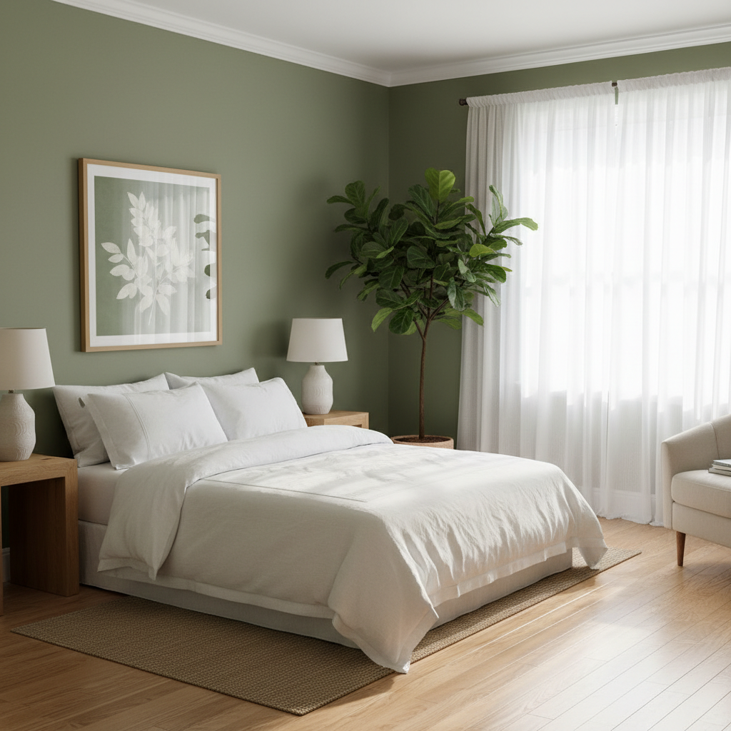 Calming bedroom color scheme with olive green walls and white linens for restful sleep