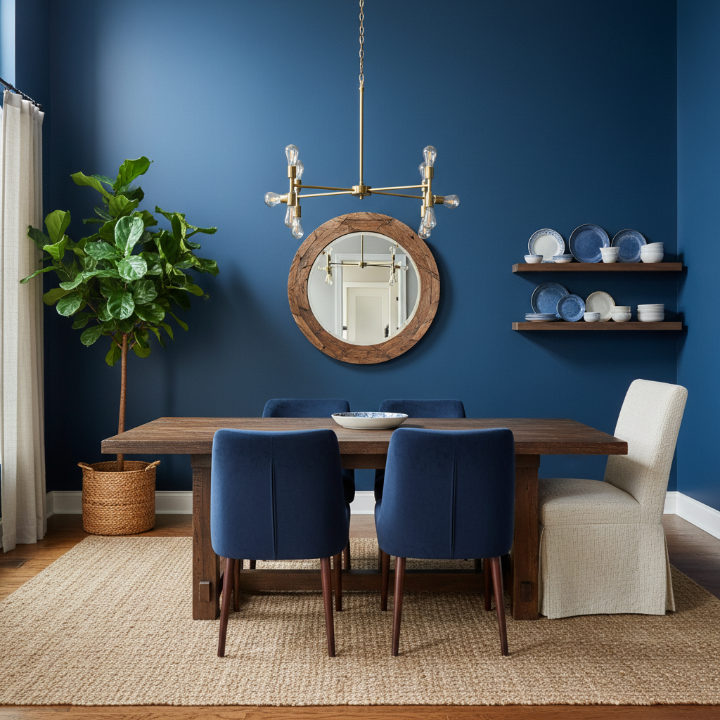 Stylish dining room design with deep blue walls warm wood furniture and mix of textured fabrics