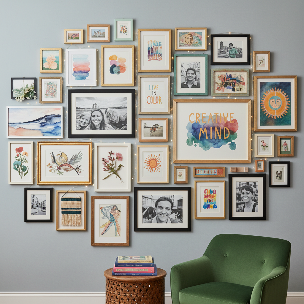 Dynamic gallery wall showcasing personal photos, affordable prints, and handmade artwork in various frame styles.