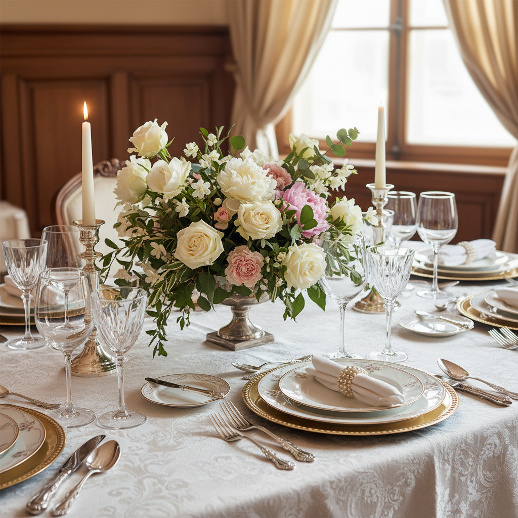 Elegant table setting with fine china crystal glasses silverware and fresh floral centerpiece arrangement