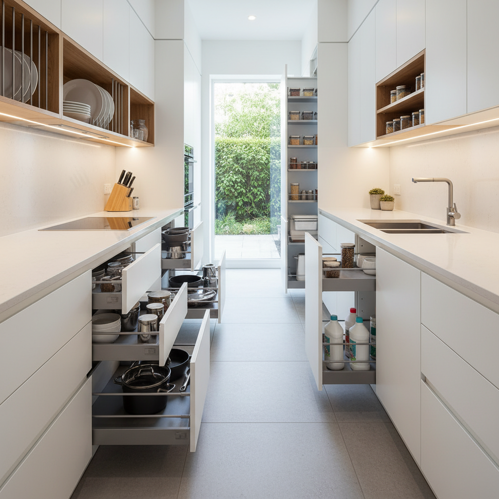 Galley kitchen with pull-out drawers and organized vertical storage solutions