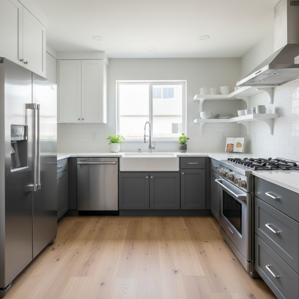 Efficient narrow galley kitchen layout showing work triangle with refrigerator, sink, and stove placement