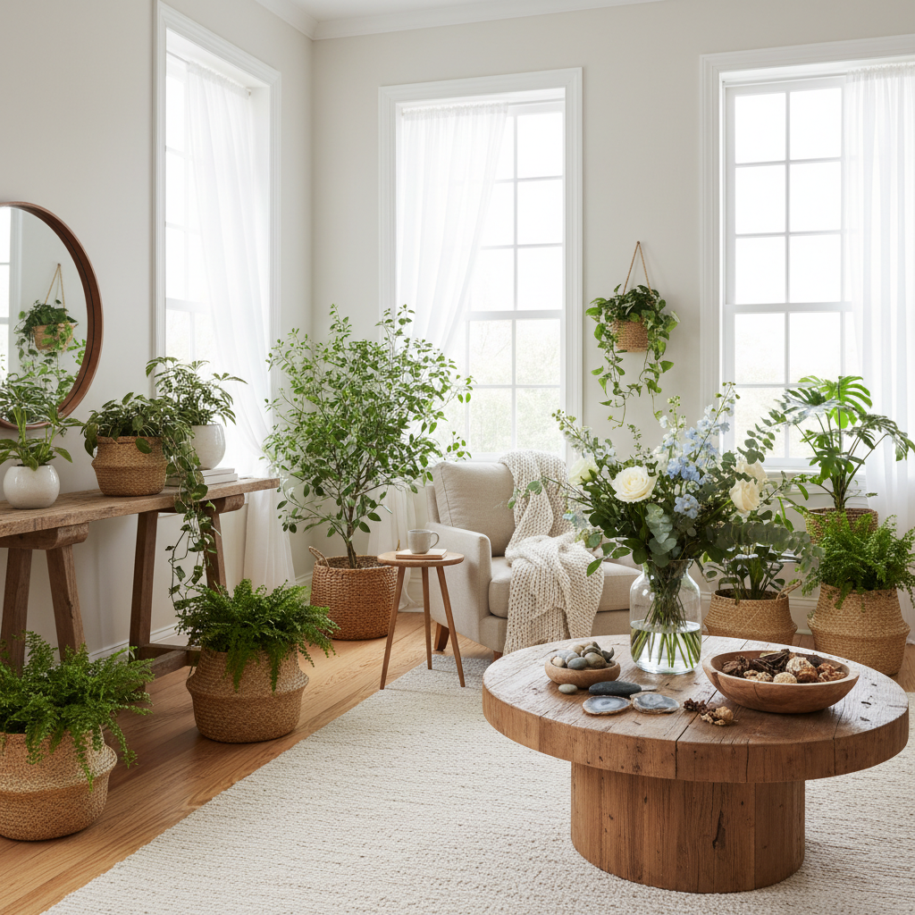 Sun-filled room featuring an array of potted plants, fresh flowers, and natural wood accents creating an organic atmosphere.