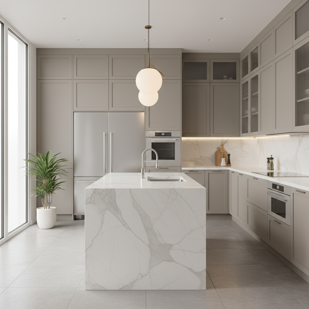 Contemporary kitchen with greige painted cabinets, stainless appliances, and marble counters
