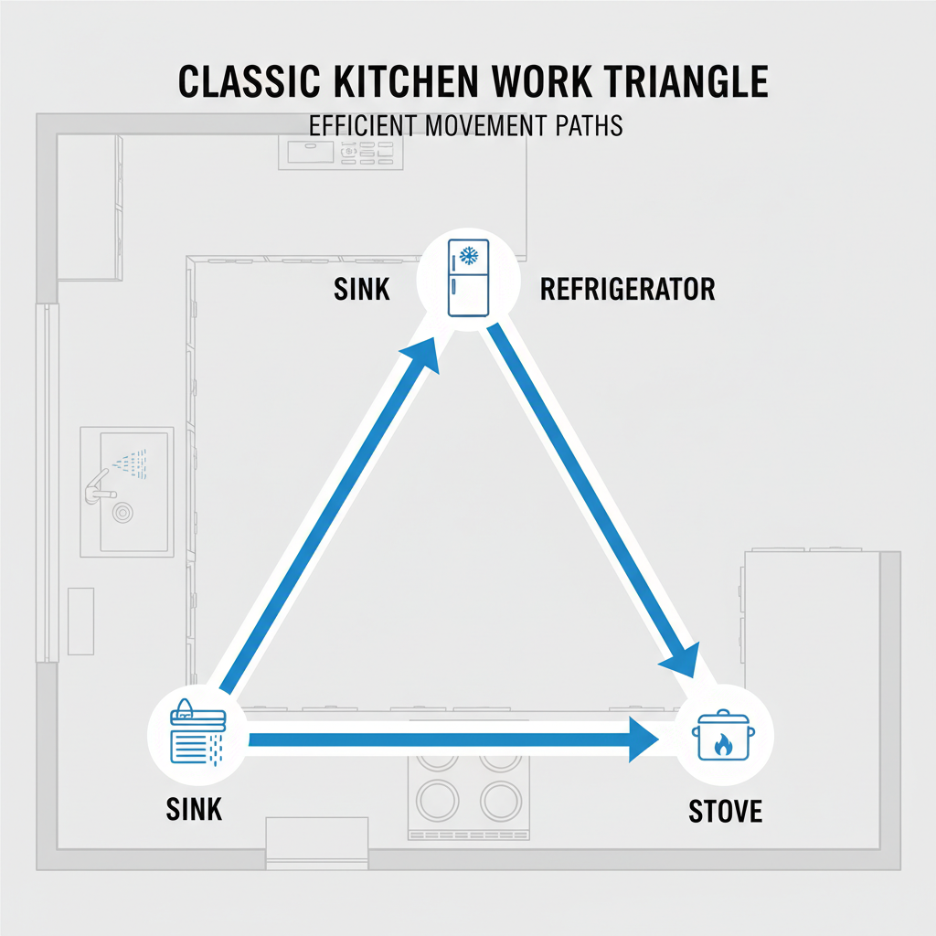Diagram showing classic kitchen work triangle with sink, stove, and refrigerator