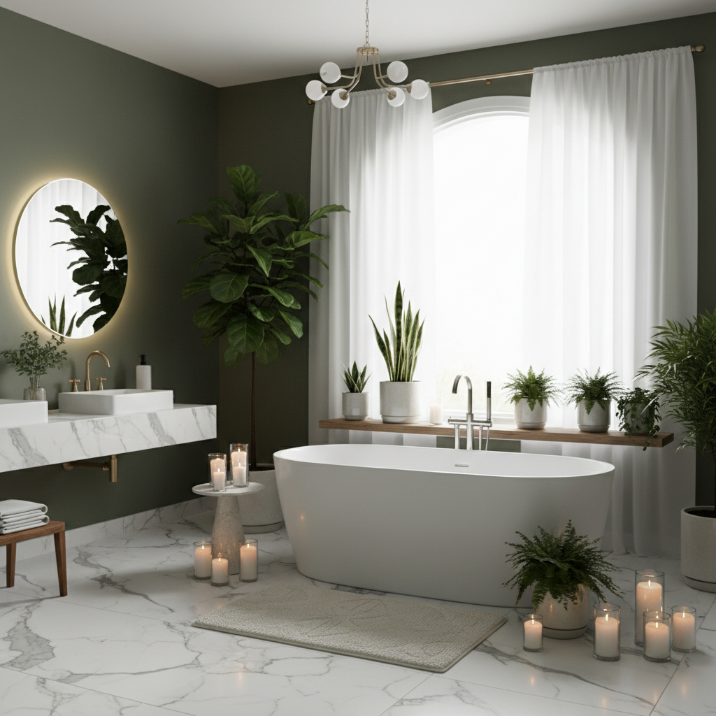 Luxurious spa-inspired olive green bathroom with freestanding tub and natural lighting