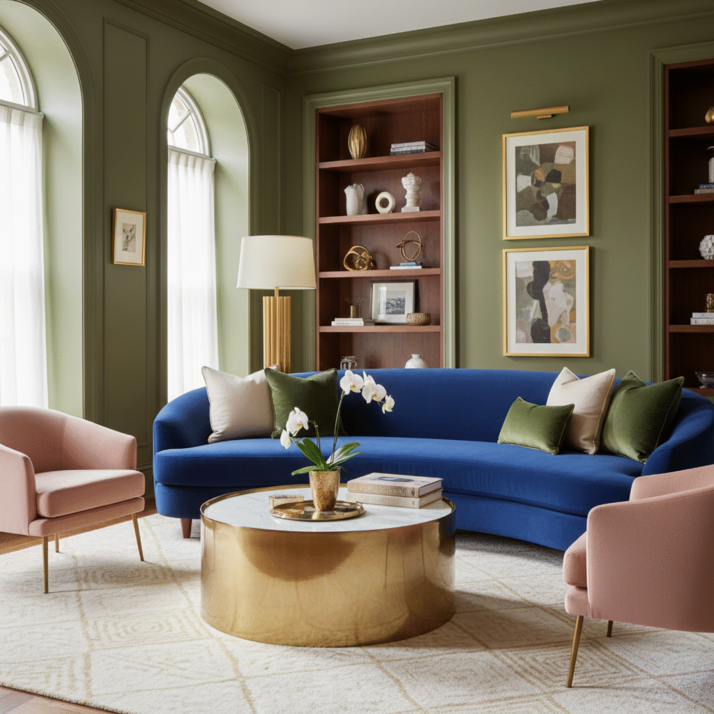 Luxurious olive green room design with plush velvet furniture and sophisticated gold accents