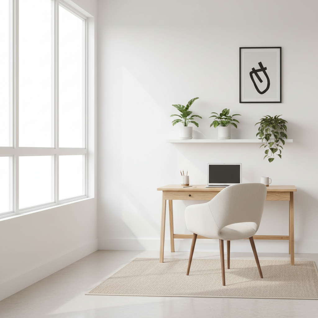 Clean Nordic home office with budget-friendly Scandinavian decorating ideas for productivity