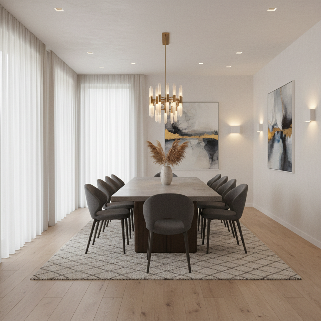 Modern dining room showing layered lighting with chandelier recessed lights and wall sconces creating ambiance