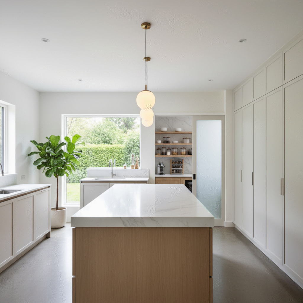 Well-organized modern kitchen showcasing smart kitchen design with clean countertops and spacious feel