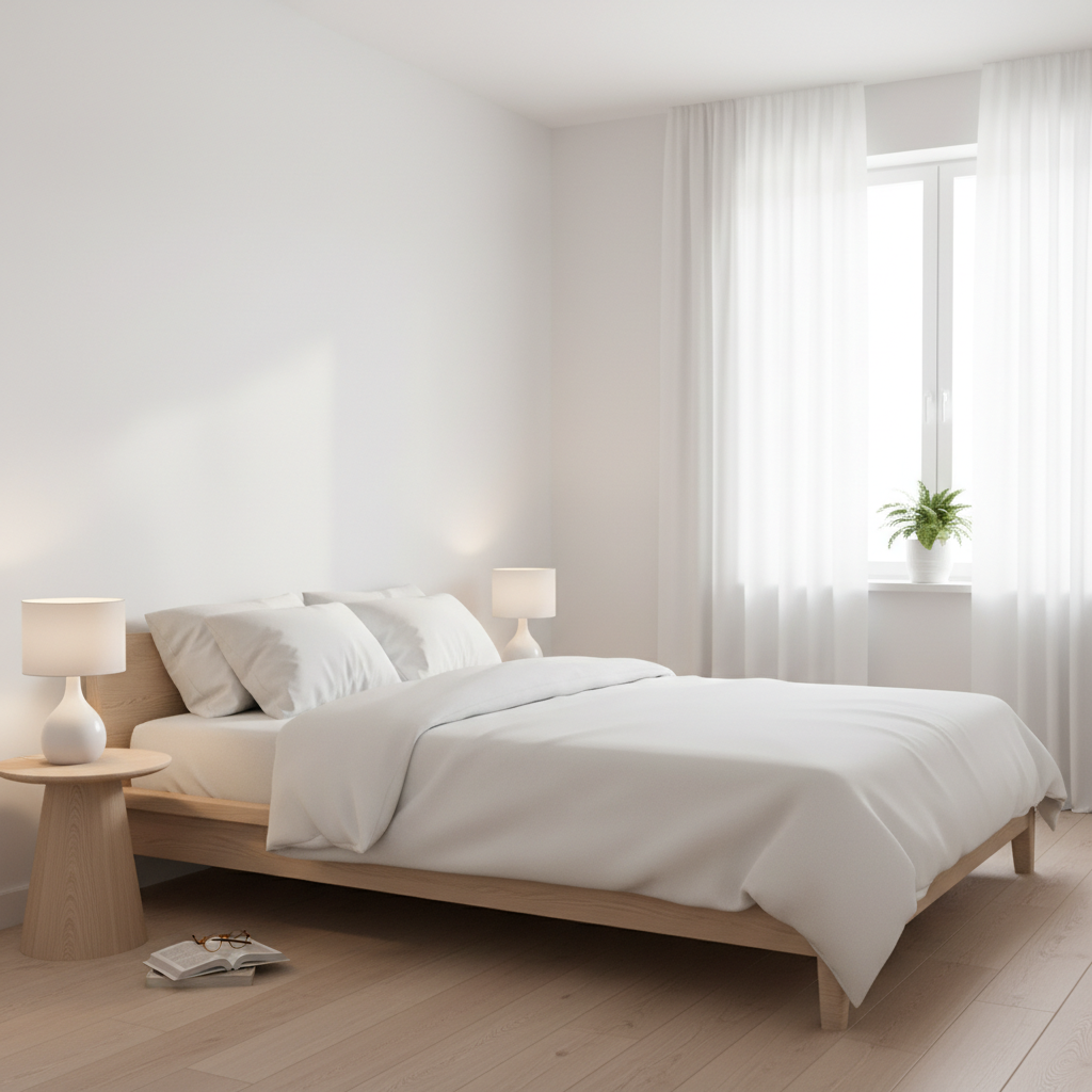 Natural light fills Nordic bedroom through sheer curtains creating bright serene space