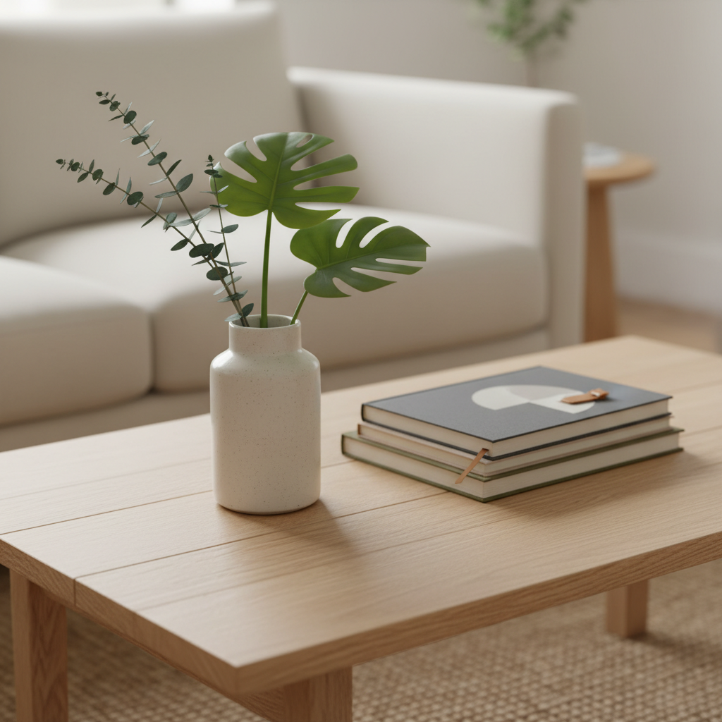 Light wood coffee table styled with Nordic minimalist home decor ideas and simple greenery