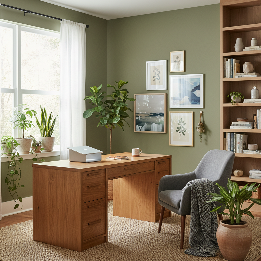Organized home office with olive green walls, wooden desk, and natural lighting for productivity