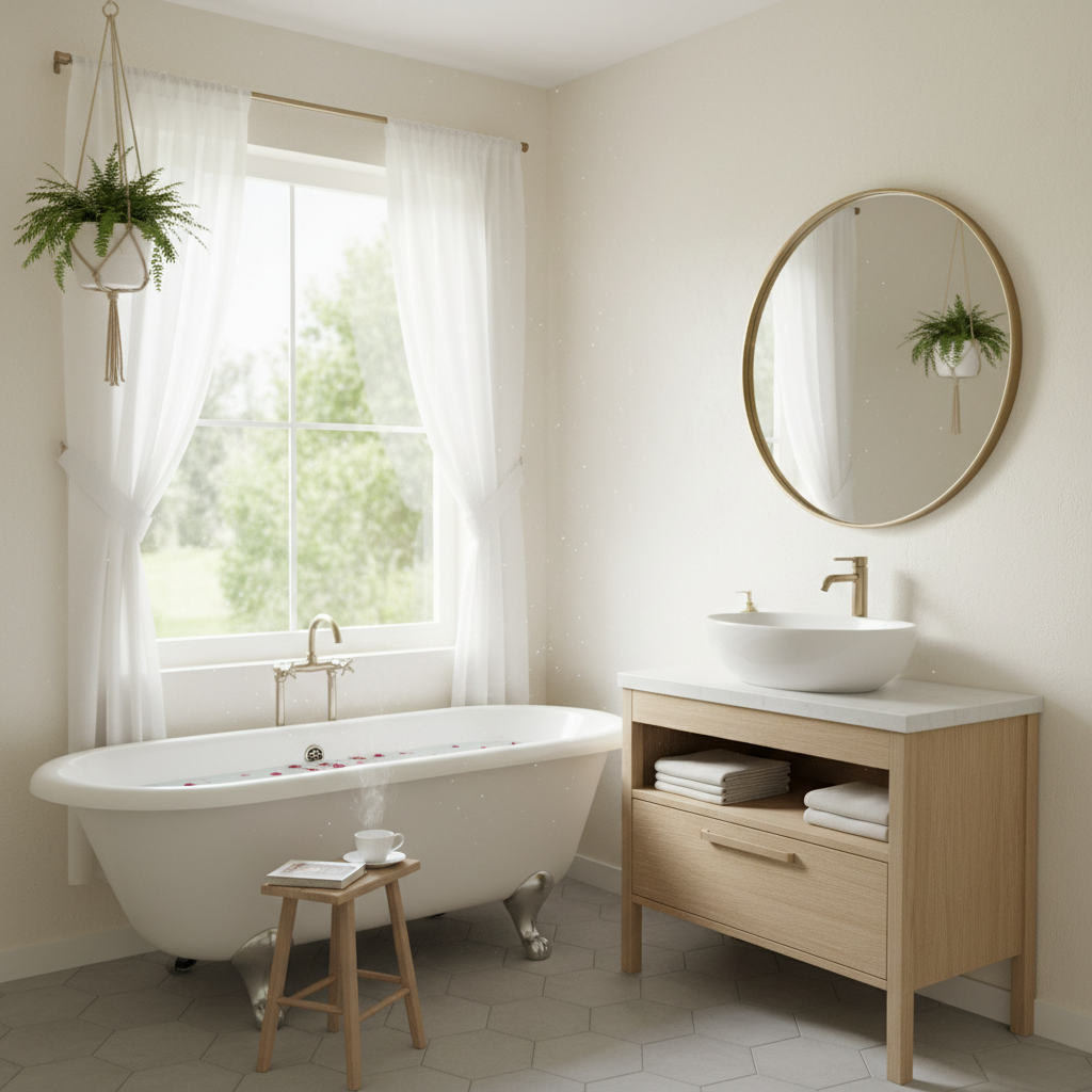 Bright small bathroom with large mirror and light colors creating spacious feeling