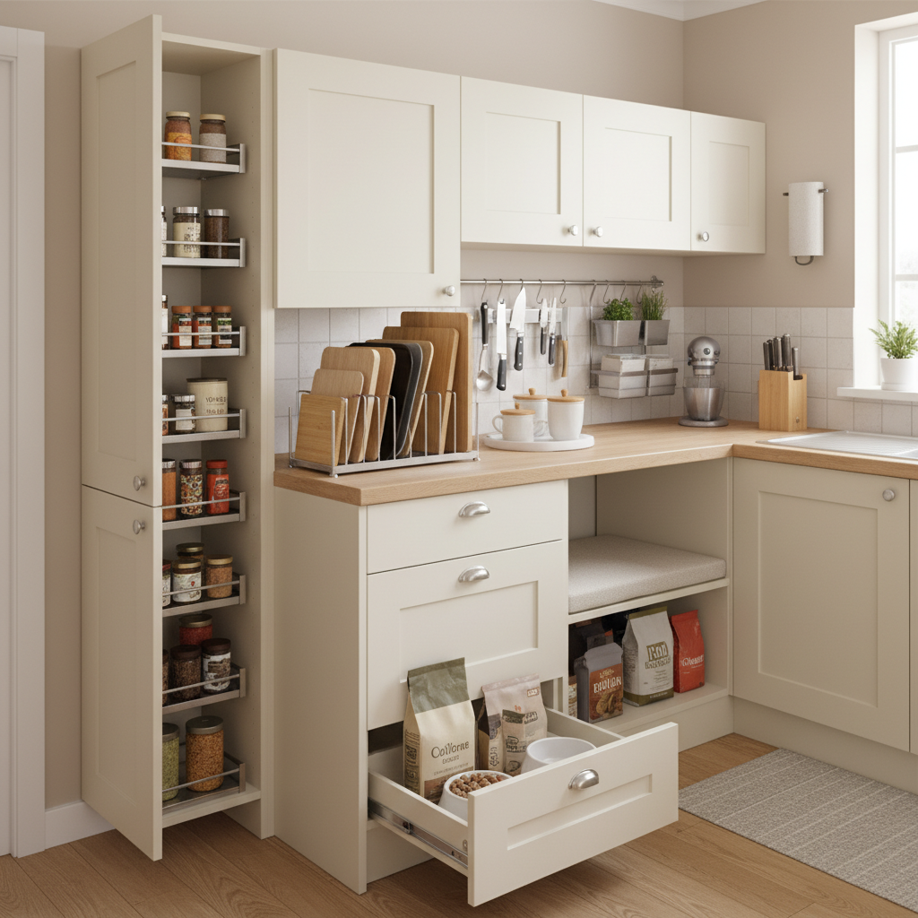 Small kitchen with pull-out shelves and compact kitchen layout ideas with wall-mounted storage solutions
