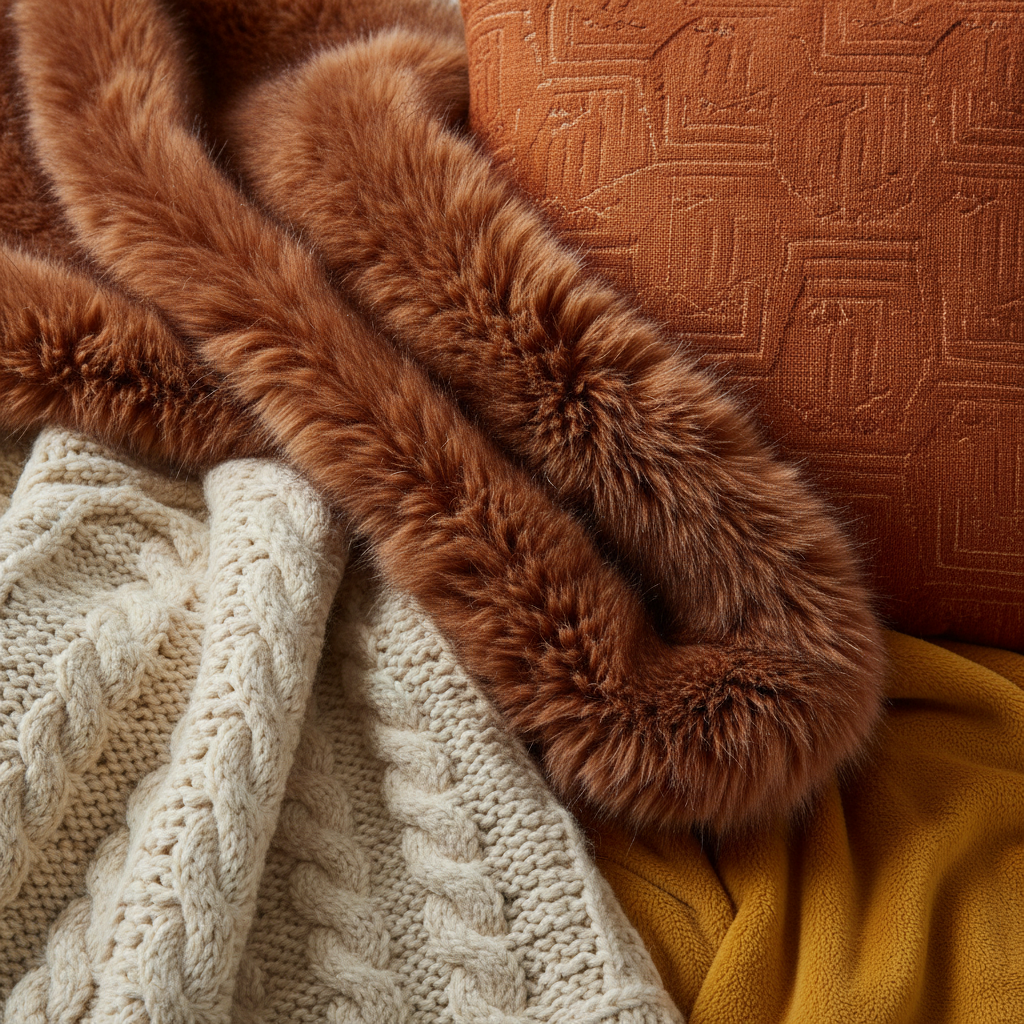 Knitted blanket, faux fur throw, and textured cushions in warm colors