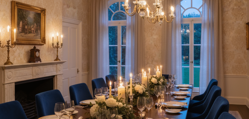 Warm inviting dining room scene with people enjoying dinner together around elegant table setting