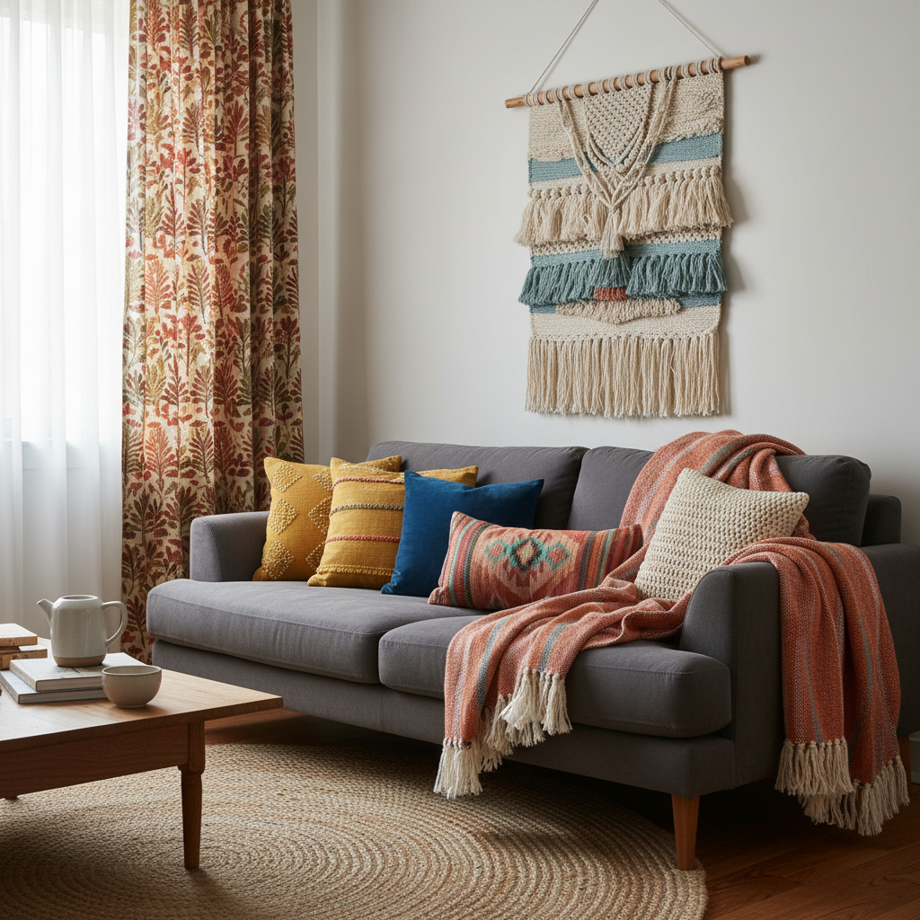 Cozy living room highlighting stylish home decor on a budget through colorful pillows, soft blankets, and curtains.