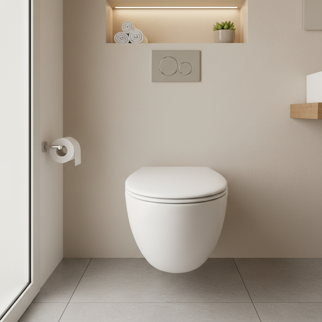 Modern wall-mounted toilet showing clean lines and space optimization in compact bathroom