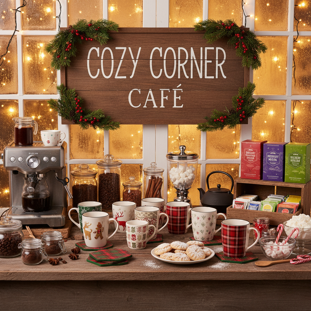 Hot drinks station with mugs, tea varieties, coffee, and beverage supplies