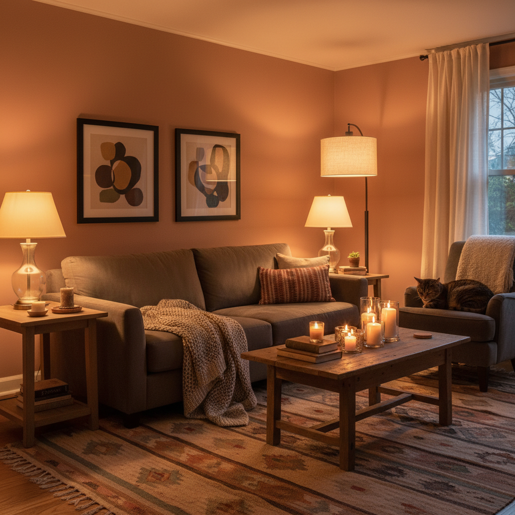 Living room with soft lighting from table lamps, floor lamps, and candles