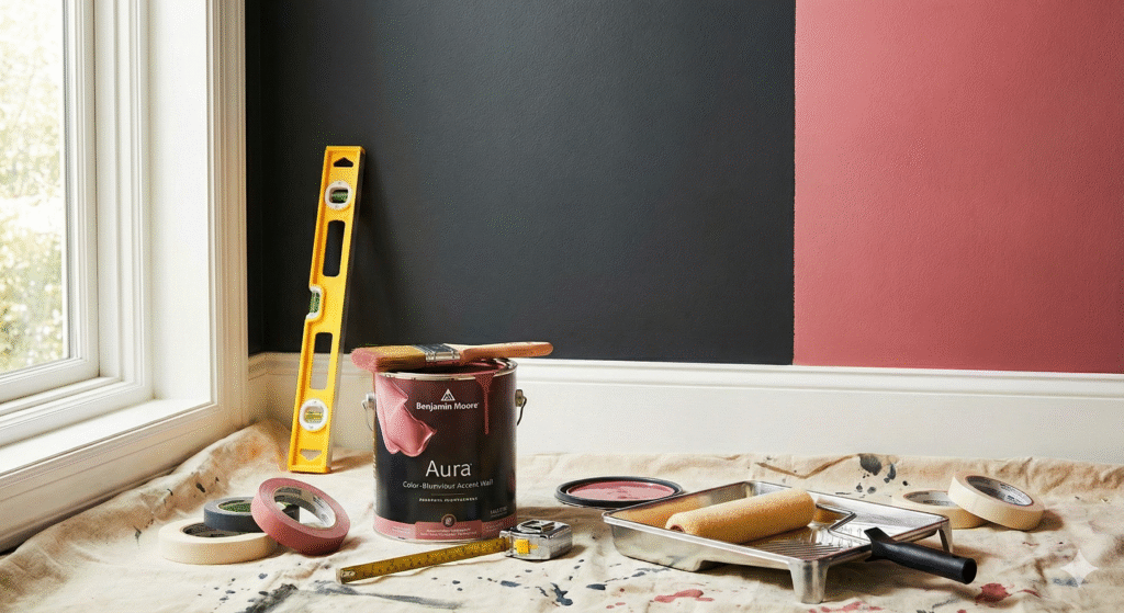 A collection of professional painting tools for DIY color blocking arranged on a canvas drop cloth. Items include an open can of Benjamin Moore Aura paint with a Purdy angled sash brush, a yellow carpenter's level, a tape measure, a roller tray, and premium painter's tape, all sitting in front of a newly painted charcoal grey and vibrant rose accent wall with razor-sharp paint transitions.