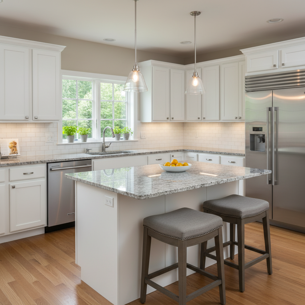 Transitional kitchen combining white shaker cabinets with modern appliances for timeless kitchen design ideas