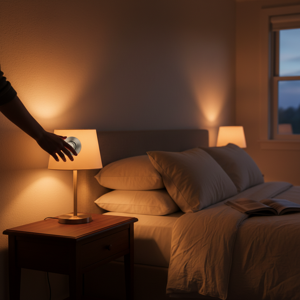 Hand adjusting wall dimmer switch with softly lit bedside lamp