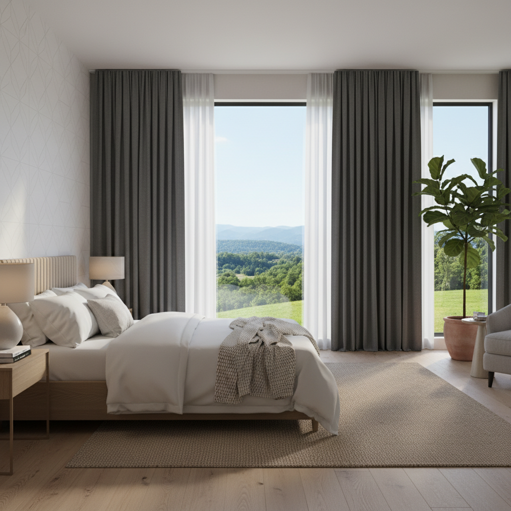 right bedroom with large windows and blackout curtains partially closed