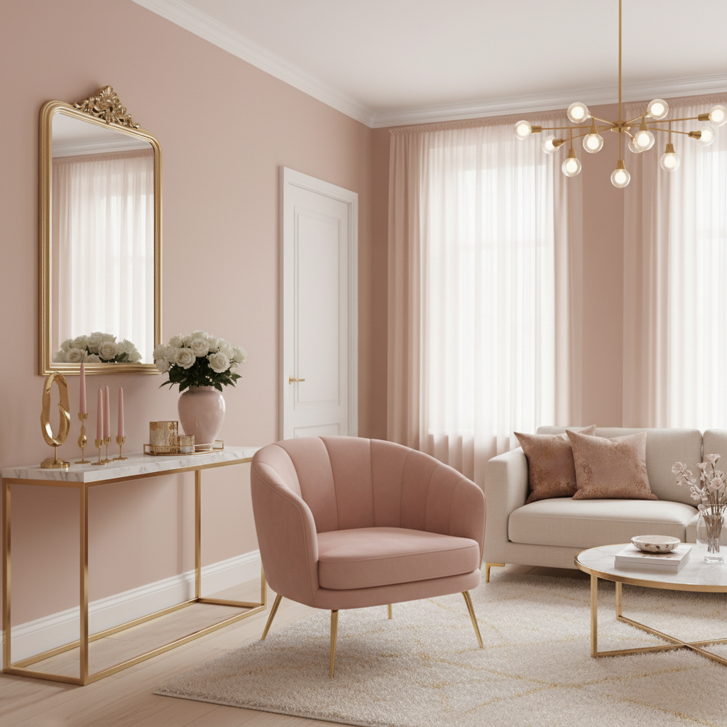 Sophisticated living room combining blush pink and gold accents throughout